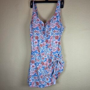 Eomenie Womens XL Floral Swim Dress One Piece Side Knot Blue Pink White XL